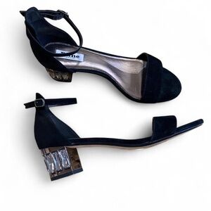 Dune London Chic Black‎ Suede Sandals with Crystal Block Heel